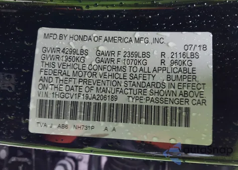 2018 Honda Accord Lx from USA, damaged, VIN 1HGCV1F19JA206189